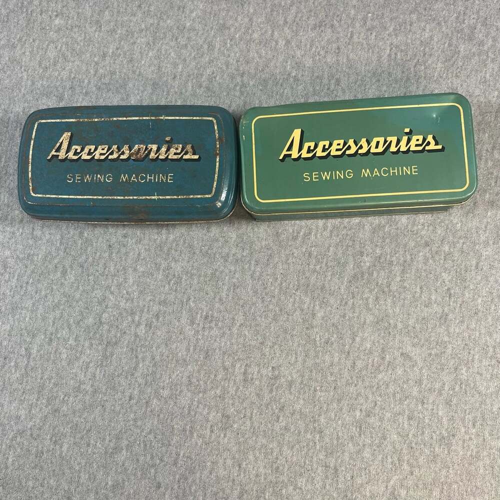 2-Vintage Sewing Machine Accessories Blue/Green Metal Tin Box Lot Of 2